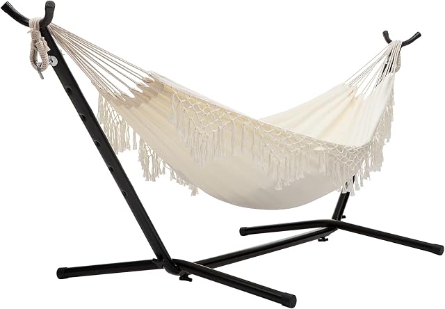 BEJOY Double Hammock with Stand,Extra Large Cotton Cloth and Adjustable Heavy-Duty Steel Frame for Indoor Outdoor Garden Camping Swing for Adult Kids,Camping Patio Bed Swing