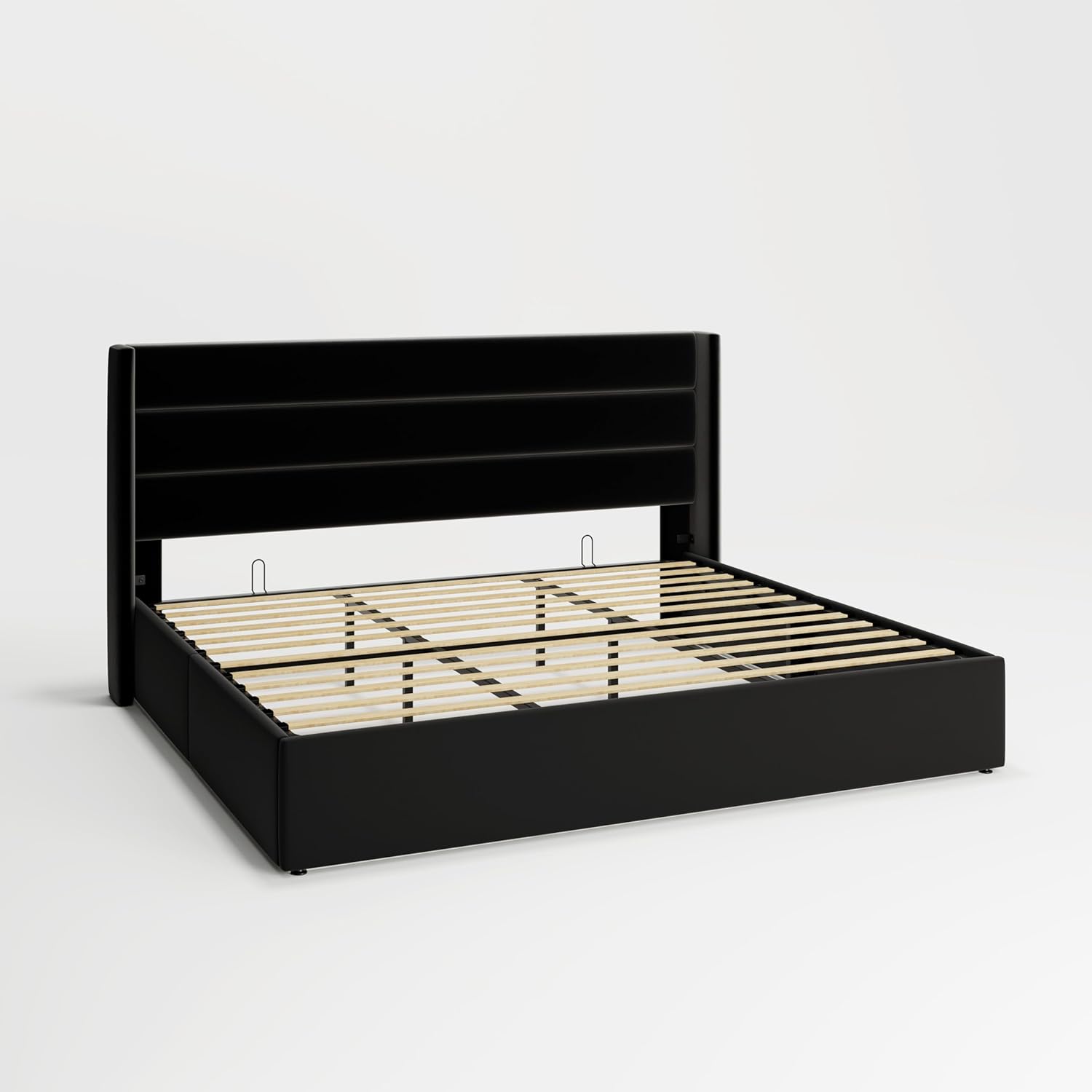 MUTICOR Full Size Velvet Lift Up Storgae Bed, Horizontal Channel Headboard with Wingback, No Box Spring Needed, Hydraulic Storage, Noises Free, Black