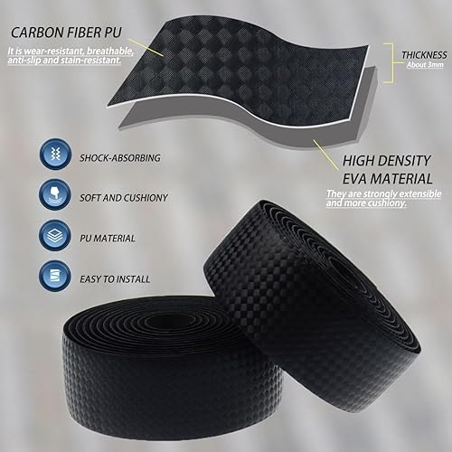Miniatura 2 de KINGOU cintas de barra, cinta para manubrio de bicicleta de carretera, en piel de poliuretano, de fibra de carbono, 2 unidades por juego