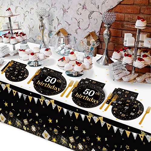 Image of 24 Guests 50th Birthday Party Supplies Plates Napkins Tablecloths for Men 50 Years Old Birthday Decorations Black Gold Cheers to 50 Disposable Tableware Set Man Women Bday Party Decor Favors