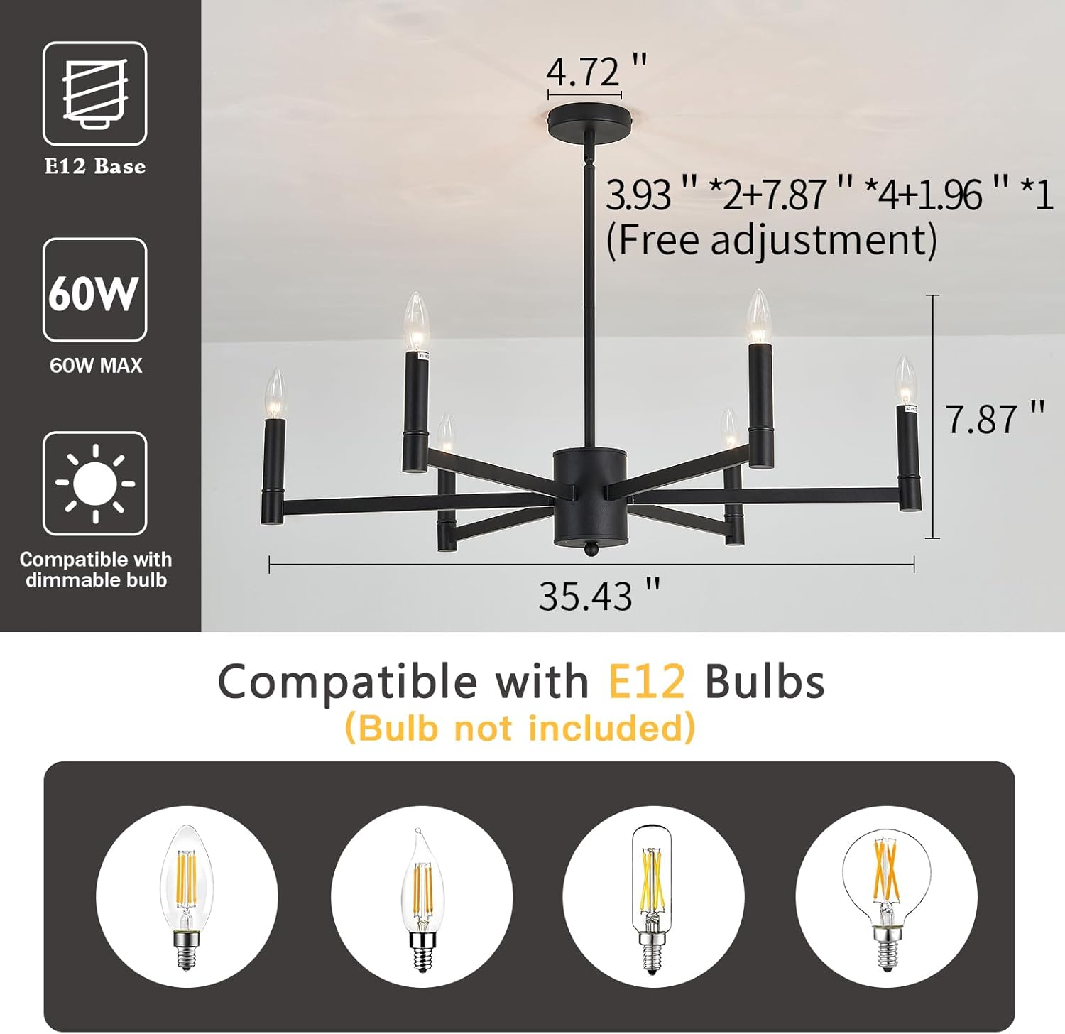 ASGYISA 6-Light Candle Chandeliers Modern Black Farmhouse Ceiling Light Fixture Industrial Pendant Lighting for Dining Room Living Room Bedroom Kitchen Island Foyer, 35inch, L-2201