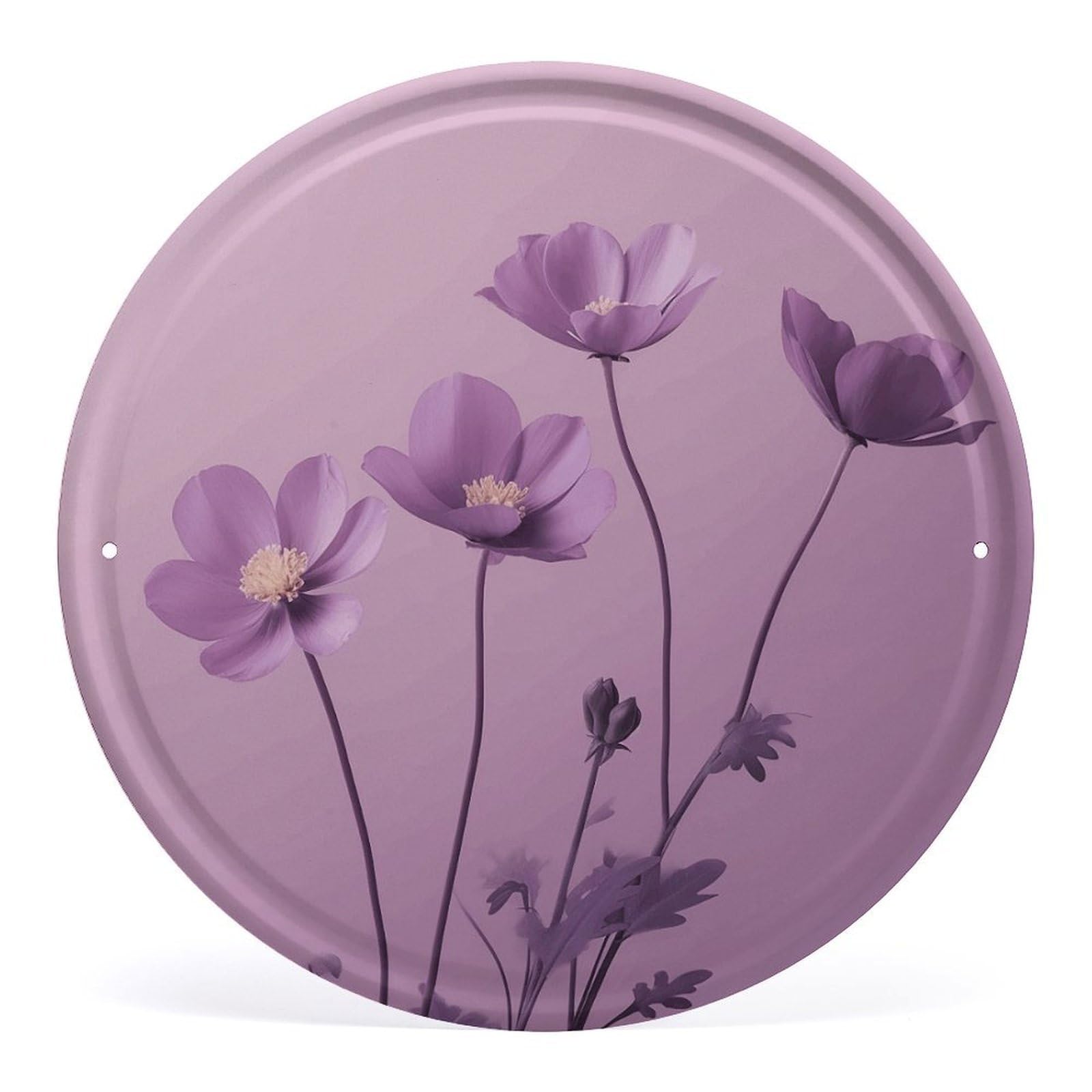 Fodpand Style Flowers On Purple Background Round Wall Art Hanging Decorations, Wall Decor Modern Minimalist Artwork, Tin Sign Hanging Picture For Living Room, Bedroom, Office, Hallway, 11.8X11.8 Inch