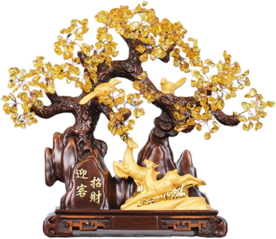 黄水晶发财树摇钱树招财对鹿摆件 Feng Shui Figurine Home Office Decor Chinese Gifts 家居客厅酒柜装饰品乔迁新居礼品 8435