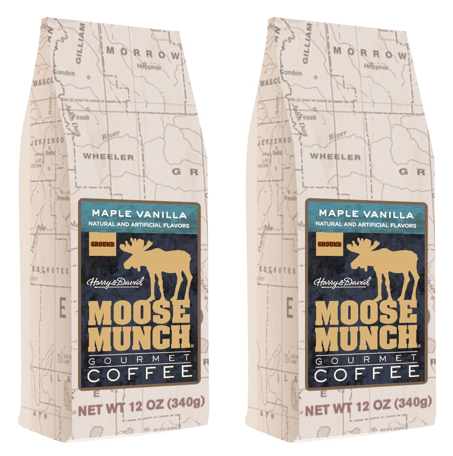 Moose Munch Maple Vanilla Ground Coffee – 2 Pack, 12 oz Bags – Smooth Maple Sweetness with Vanilla Flavored Medium Roast Coffee