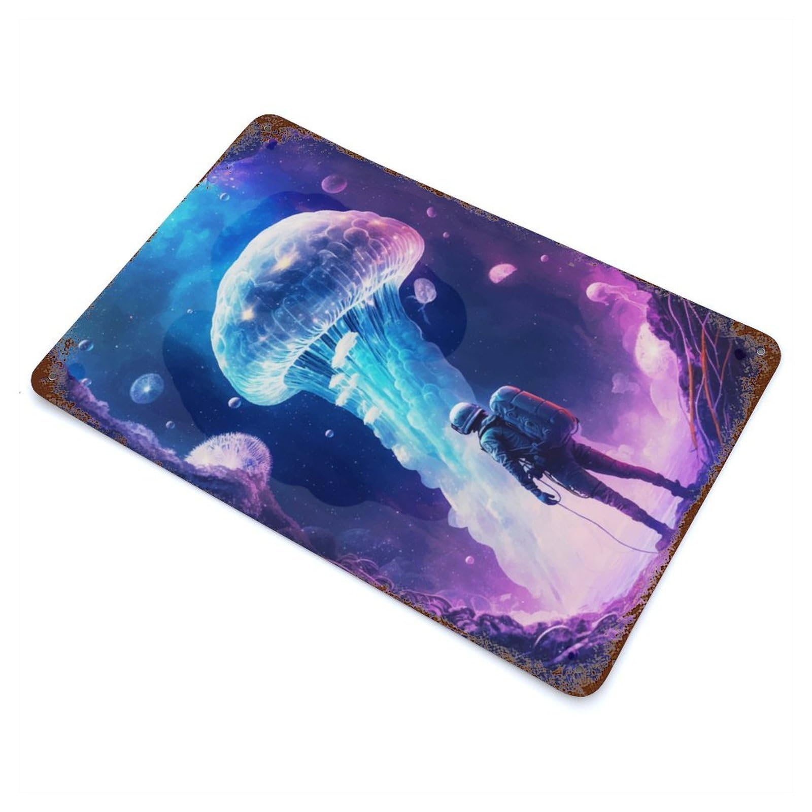 Jellyfish In Space 11.8"x7.9" Retro Metal Sign, Industrial Home Decor for Office, Studio And Wall Decor