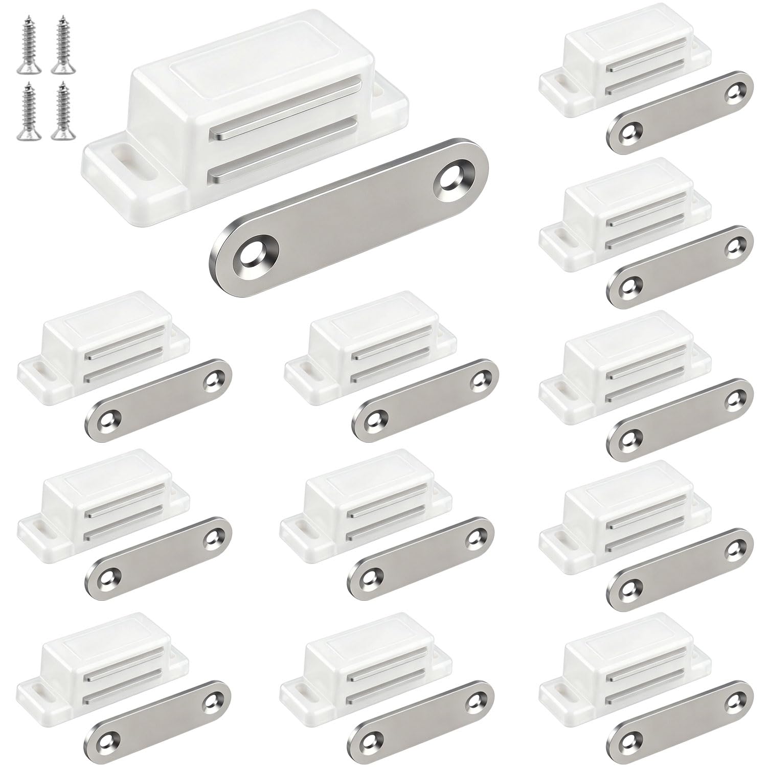 BokWin 12-Pack Magnetic Door Catch – 15lb Holding Force, White, For Cabinets, Kitchen, Bathroom, Closet, With Screws
