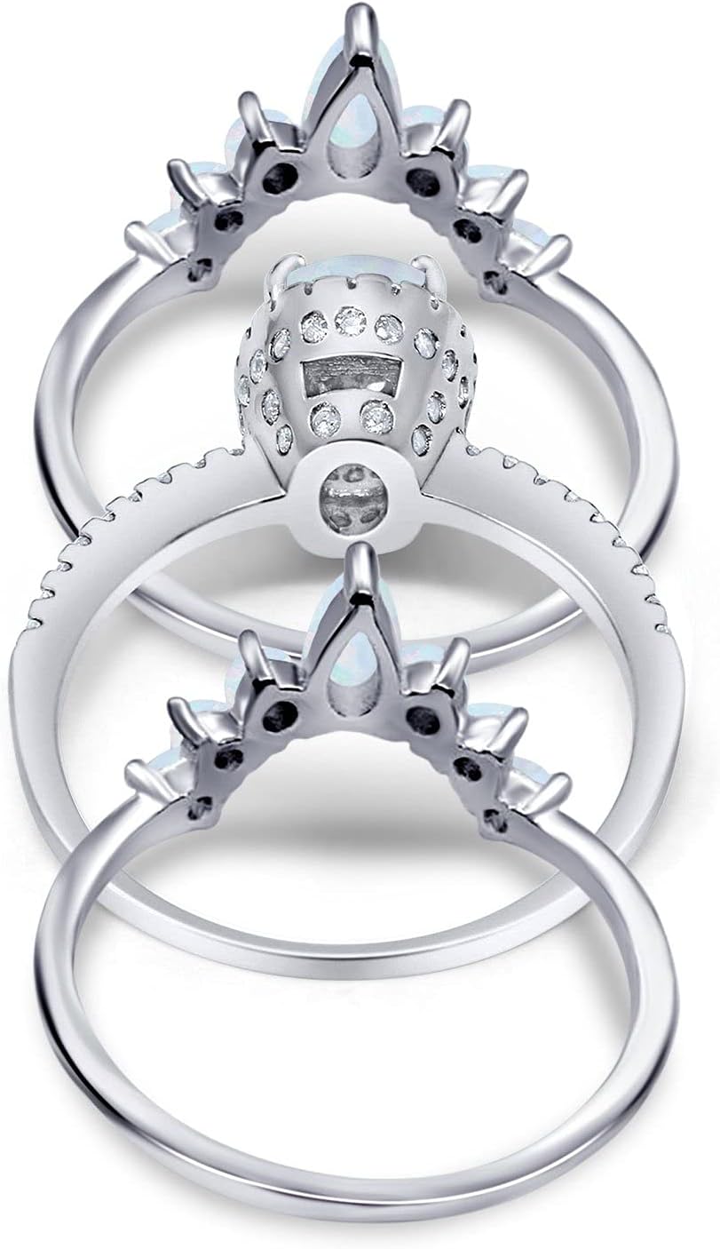 Blue Apple Co. Three Piece Set Oval Halo Lab White Opal Teardrop Art Deco Wedding Engagement Ring Vintage Band Simulated Cubic Zirconia Solid 925 Sterling Silver