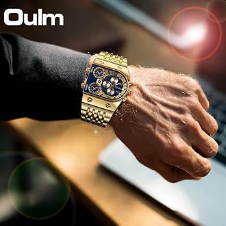 CARLIEN Men’s Luxury Rectangle Square Gold Silver Big Face Luminous Waterproof Quartz Watch Sports Multi-Time Zone Military Stainless Steel Male Dress Wristwatch