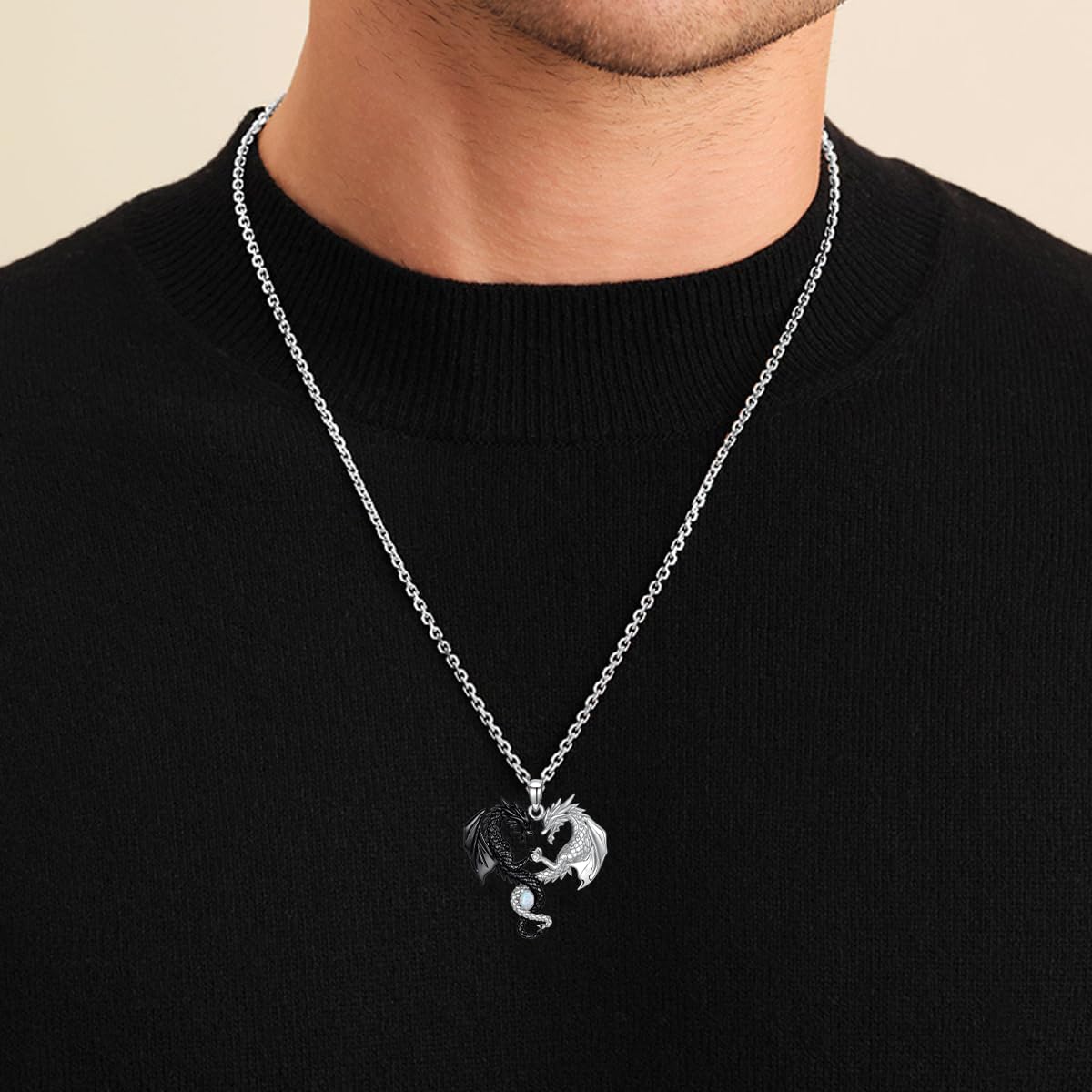 Dragon Necklace with Opal 925 Sterling Silver Two Dragon Pendant Necklace with Genuine Diamond Animal Jewelry Gift for Women Men - Image 3