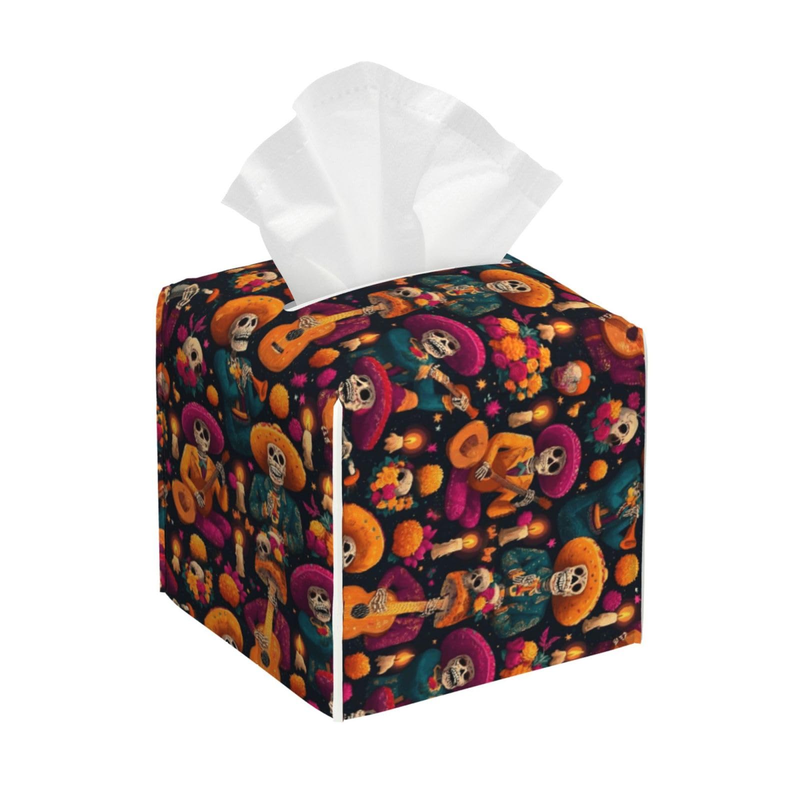 Festive Skull Music Print Tissue Box Cover Holder Square, Foldable Modern Cube Tissue Box Cover, Leather Decorative Organizer for Tabletop Bathroom Car Office Desk Decor