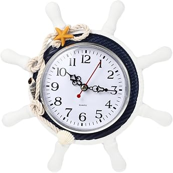Wakauto Wheel Wall Clock Mediterranean Style Silent Nautical Ship Wheel Clock Nautical Coastal Beach Home Accent for Home Off