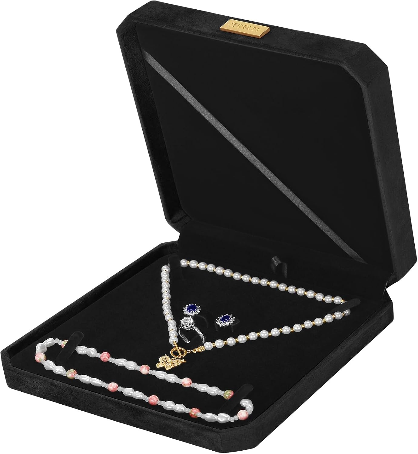 LETURE Large Jewelry Set Gift Box, Velvet Octagonal Necklace Ring Earring Pearl Storage Holder Boxes for Wedding Anniversary,Big Pendant Necklaces Organizer Display Case for Women Girl (Black)