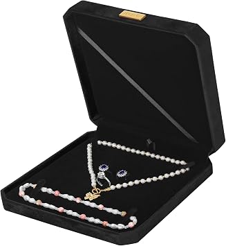 LETURE Large Jewelry Set Gift Box, Velvet Octagonal Necklace Ring Earring Pearl Storage Holder Boxes for Wedding Anniversary,Big Pendant Necklaces Organizer Display Case for Women Girl Black