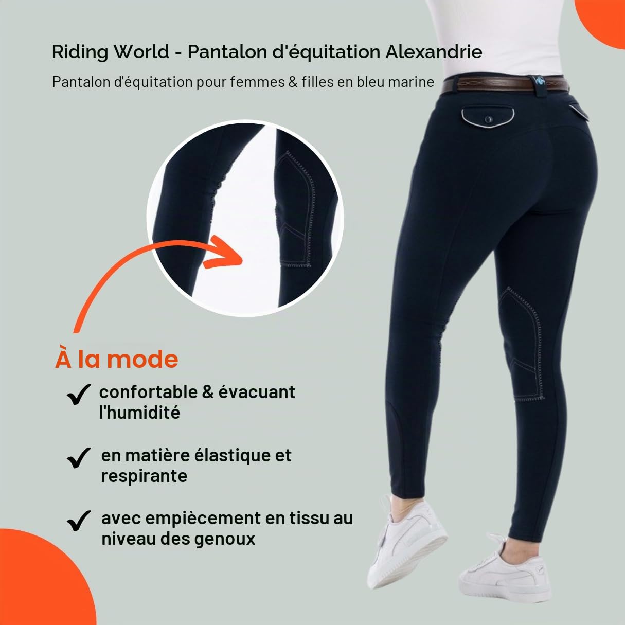 RIDING WORLD Pantalon d'équitation pour fille et garçon Alexandrie | Pantalon d'équitation avec genouillères en tissu | avec poches avant | Legging d'équitation bleu marine | Vêtements d'équitation