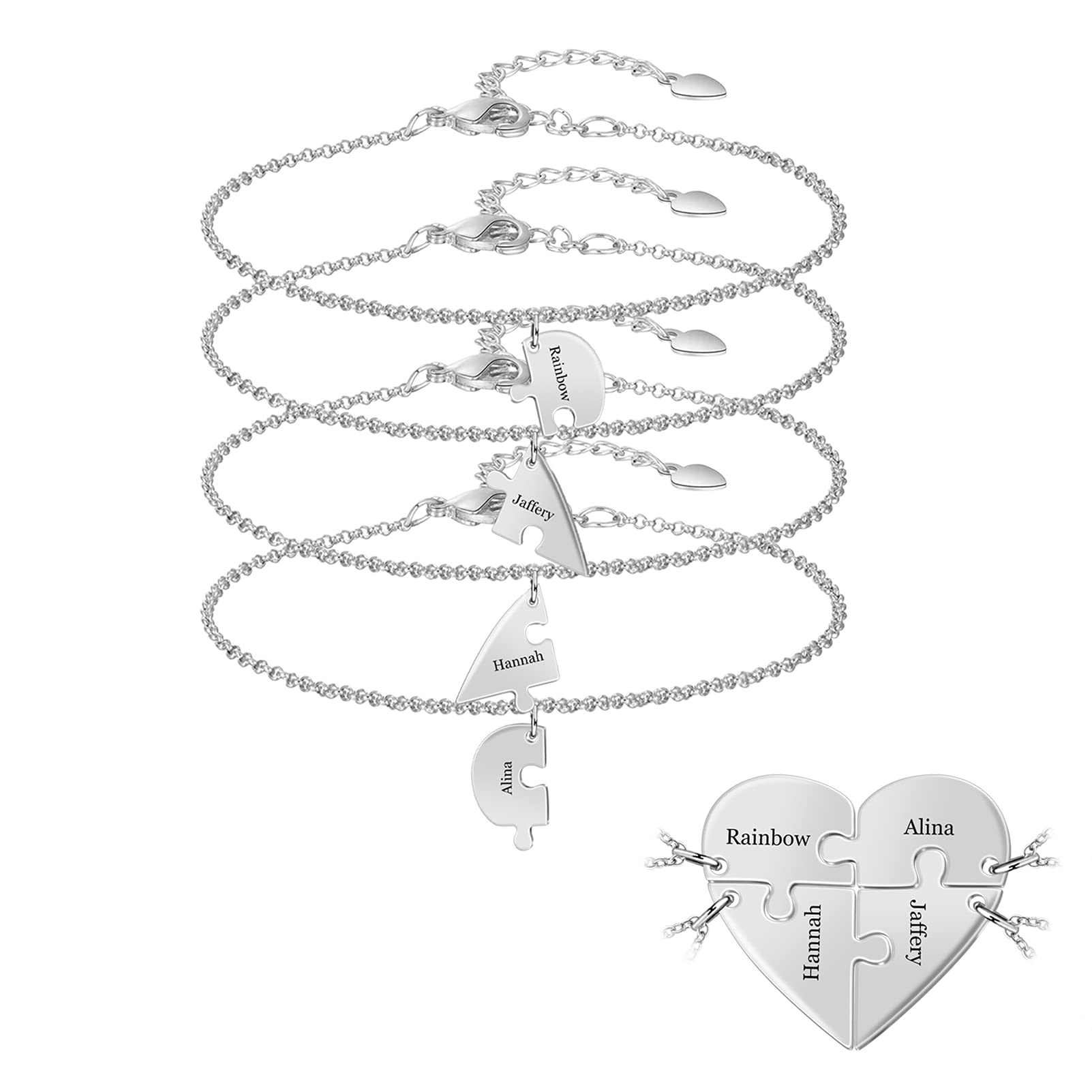 BAUMA AUTO Personalized Puzzle Piece Bracelet Set 2/3/4/5/6 Pcs for Family Love Best Friend Sterling Silver Custom Name Anklet Bracelet BFF Matching Heart Pendant Set