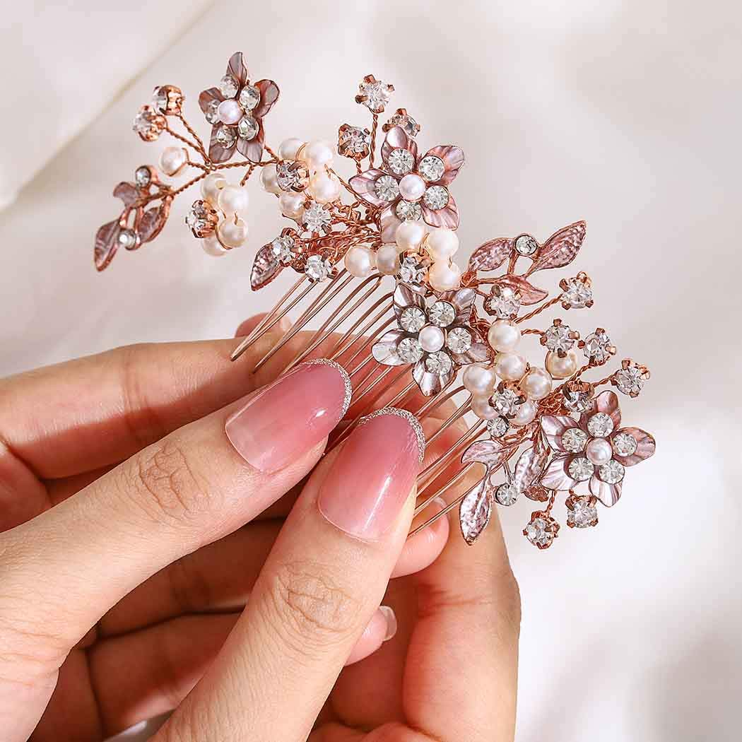 IYOU Peine de novia para el pelo de la boda de plata con cristales de diamantes de imitación para novia accesorios para el pelo de las mujeres y las niñas (oro rosa)