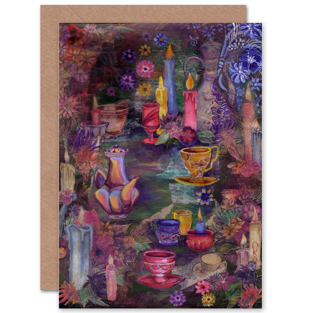 Wee Blue Coo FLOWERS, CANDLES AND TEACUPS BLANK GREETINGS CARD by CLAIRE SAUNDERS