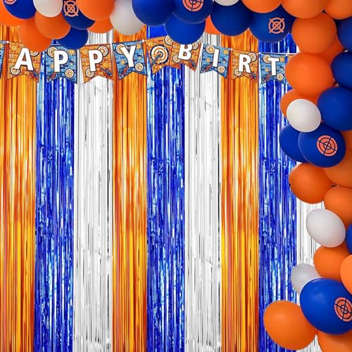Dart War Party Photo Booth Props Backdrop Orange Blue Sliver Foil Fringe Curtains for Dart War Outer Space Birthday Party Decorations 3 Pack.9.9x19.8ft