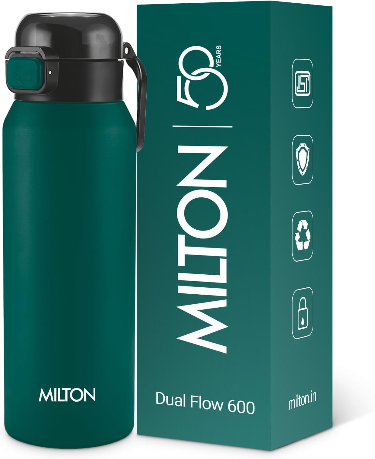 Dual Flow 600 Thermosteel Water Bottle 595 ml with One Touch Safety Lock & Twin Lid Sip or Gulp,Long Hours Hot & Cold,Leak Proof,ISI Certified,Vacuum Insulated,for Office,Gym,School,Dark Green