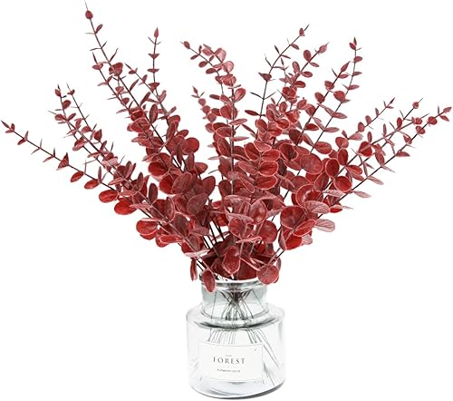 Tinsow - Rama artificial de hojas de eucalipto con toque real, eucaliptos sintéticos, centro de mesa para bodas, decoración del hogar (66 cm, rojo)