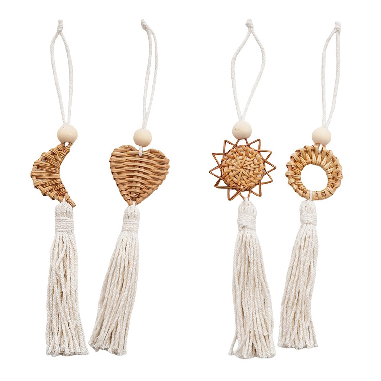 Of 4 Handwoven Wall Hanging Natural Fiber Pendants Decors with Cotton Tassels for Living Room Aesthetic Ornaments Rattan Cotton Rope Wall Art Craft