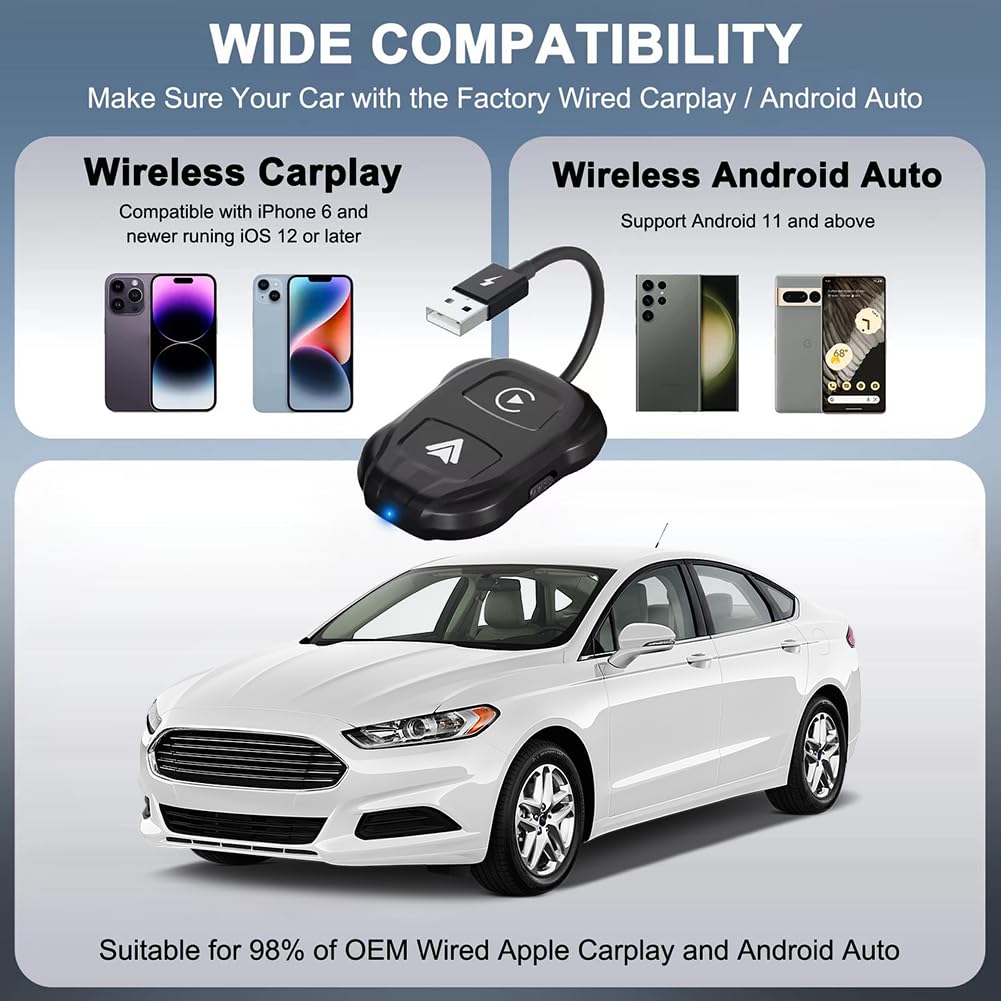 Mini AI Box compatibile con Bluetooth Plug and Play USB WIFI 5Ghz cablato a wireless Carplay Auto Adattatore wireless for iOS 12+/ 11+ Telefono