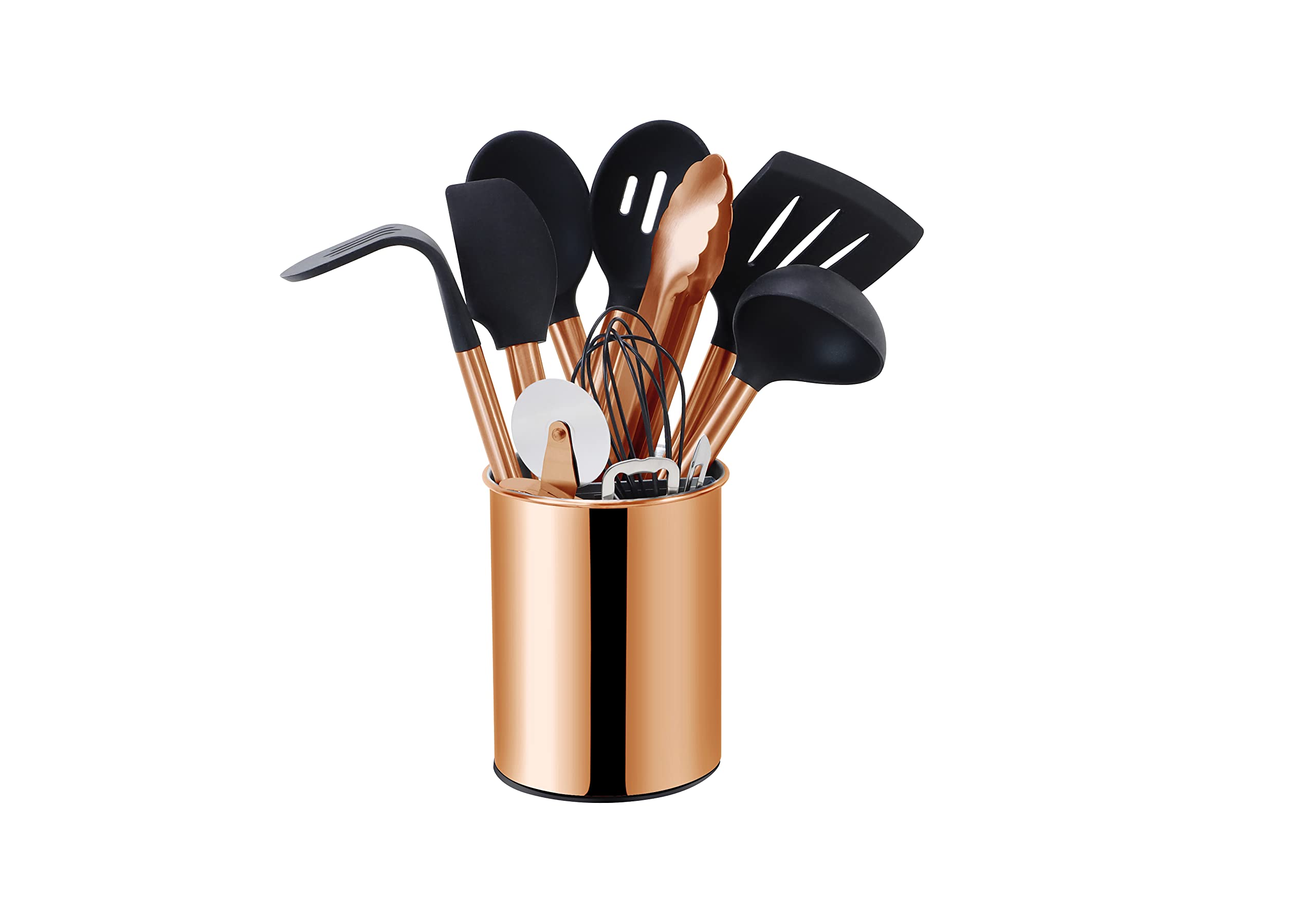 ECHTWERK Utensilios de cocina, juego de utensilios de cocina de 12 piezas, utensilios de cocina con mango de acero inoxidable, soporte para utensilios, silicona antiadherente, Negro-Edición