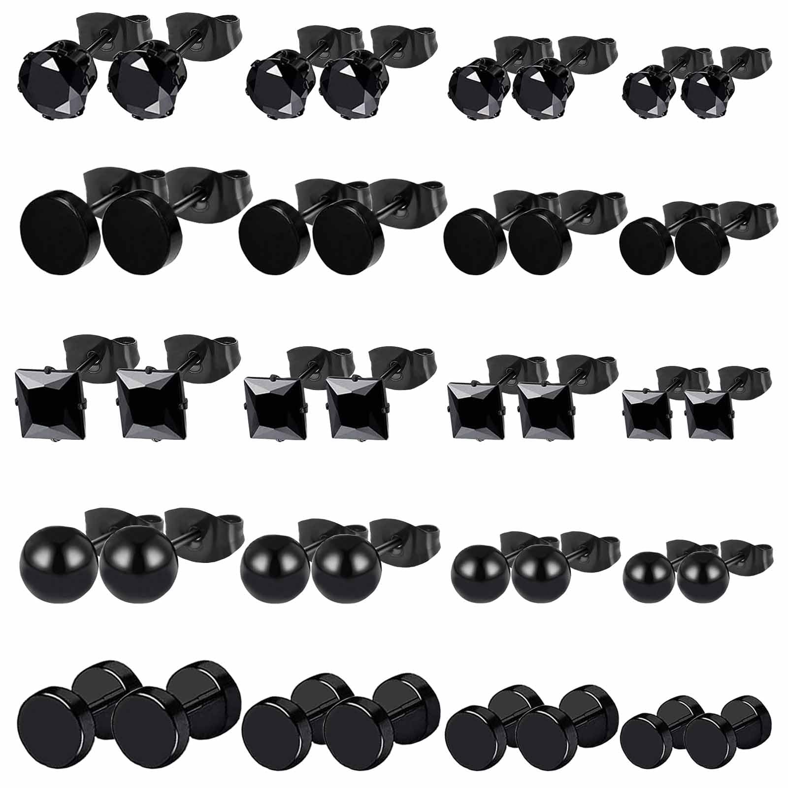 VELESAY 20 Pares Pendientes Hombre Acero Inoxidable Pendientes Hipoalergenicos Zirconia Negros Pendientes Barbell Aretes Stud Pendientes Diamante Redondos Cartílago Pendientes para Hombres y Mujeres