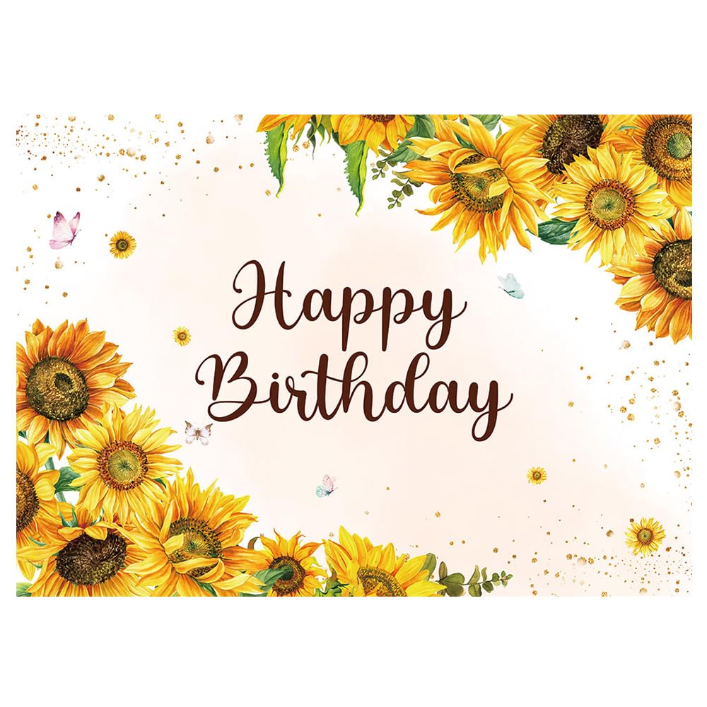 Fotohintergrund "Happy Birthday" 210x154cm – Sonnenblumen, Schmetterlinge, Grüne Blätter Für Kindergeburtstag