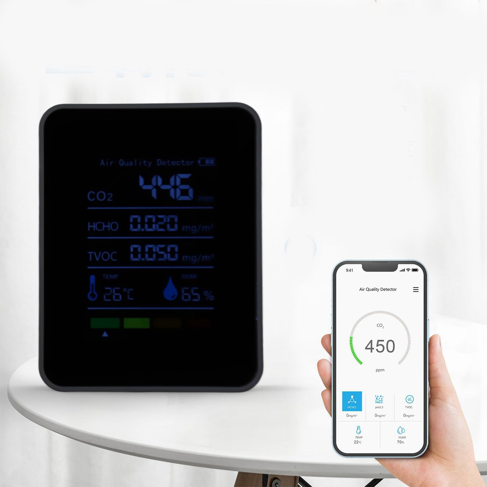 CO2 Monitor de Calidad del Aire Interior HCHO TVOC 5 en 1 con Batería para Viaje Casa y Coche Temp Humi