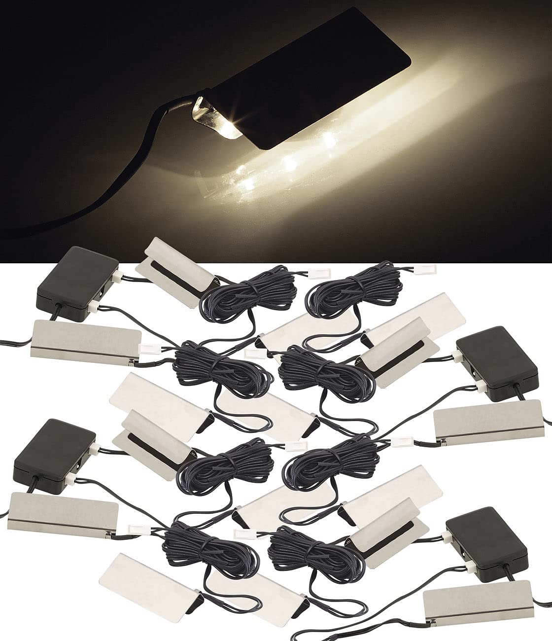 Lunartec Glaskanten Beleuchtung: 4er-Set LED-Glasbodenbeleuchtungen, 16 Klammern mit 48 LEDs (Glas-Beleuchtung, Vitrinenbeleuchtung)