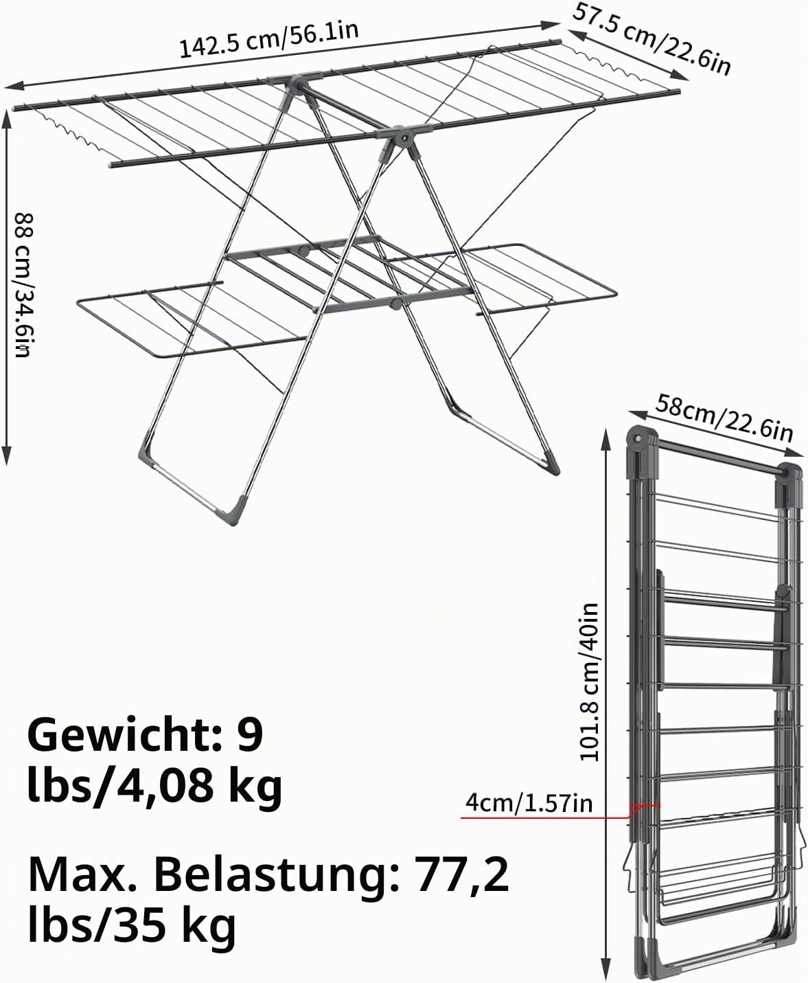 Innotic Wäscheständer Platzsparend Klappbar, Standtrockner mit 4 Flügeln & Ausziehbar, Wäscheständer Stabil für, Bad, Balkon,Heizkörper (Grau)