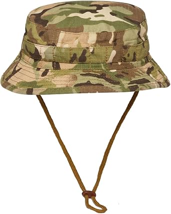 Kombat UK Short Brim Bush Hat for Men - Polycotton Ripstop, Fedora Style, Coyote Elastic Tabs for Foliage Attachment, Adjustable Chin Retaining Strap, All Seasons, Camouflage Pattern