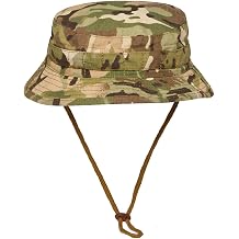 Kombat UK Short Brim Bush Hat for Men - Polycotton Ripstop, Fedora Style, Coyote Elastic Tabs for Foliage Attachment, Adjustable Chin Retaining Strap, All Seasons, Camouflage Pattern