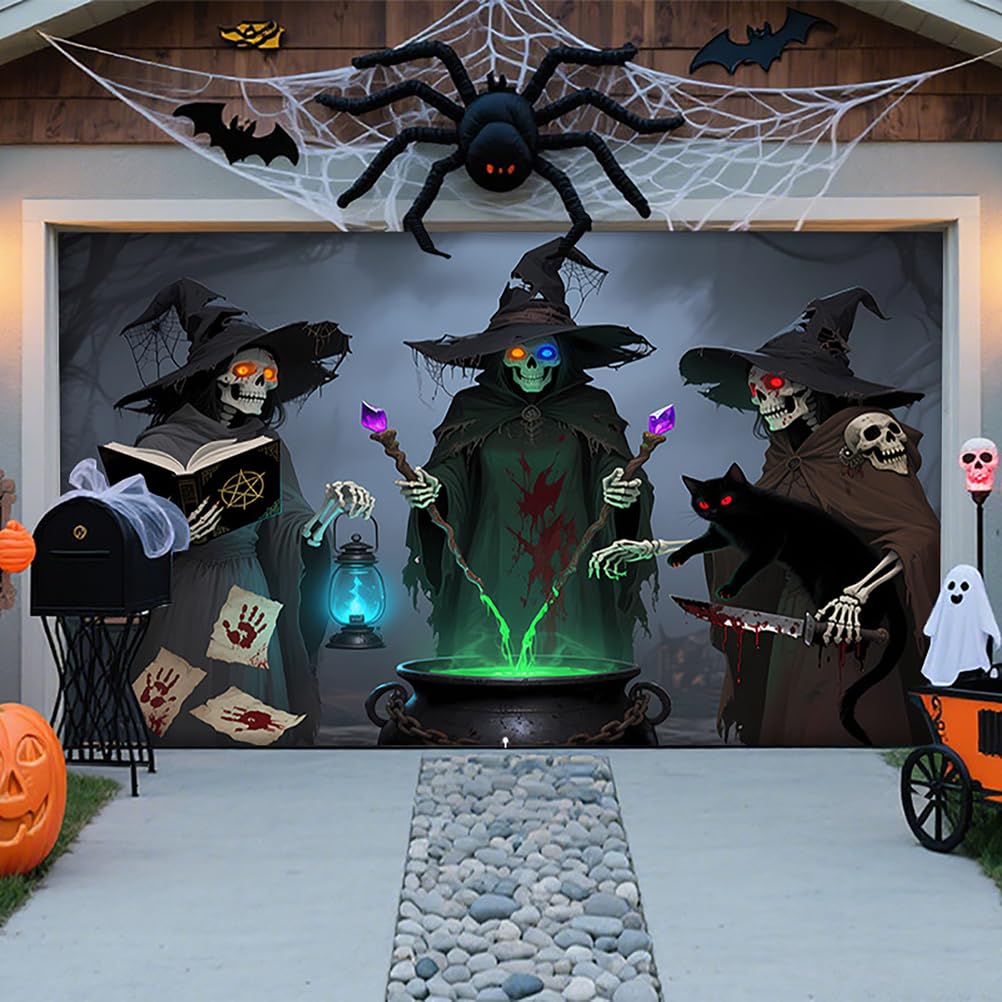 ZFFLYH Halloween Garage Door Decorations Halloween Hanging Banner Backdrop Horror Wall Decor Party Photo Backgrounds for Outdoor Window Yard,Witch,8 * 7FT