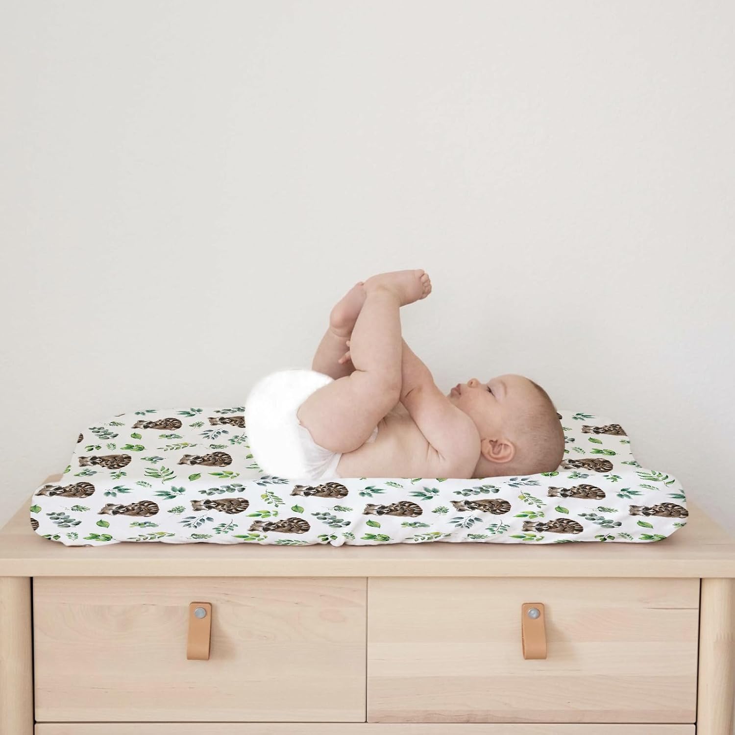 Cute Raccoon Green Leaves Baby Changing Pad Covers for Boy Girl 32''x16'' Mother Baby Raccoon Fitted Diaper Change Table Sheets Animals Boho Retro Leaves Soft Breathable Cradle & Bassinet Sheets