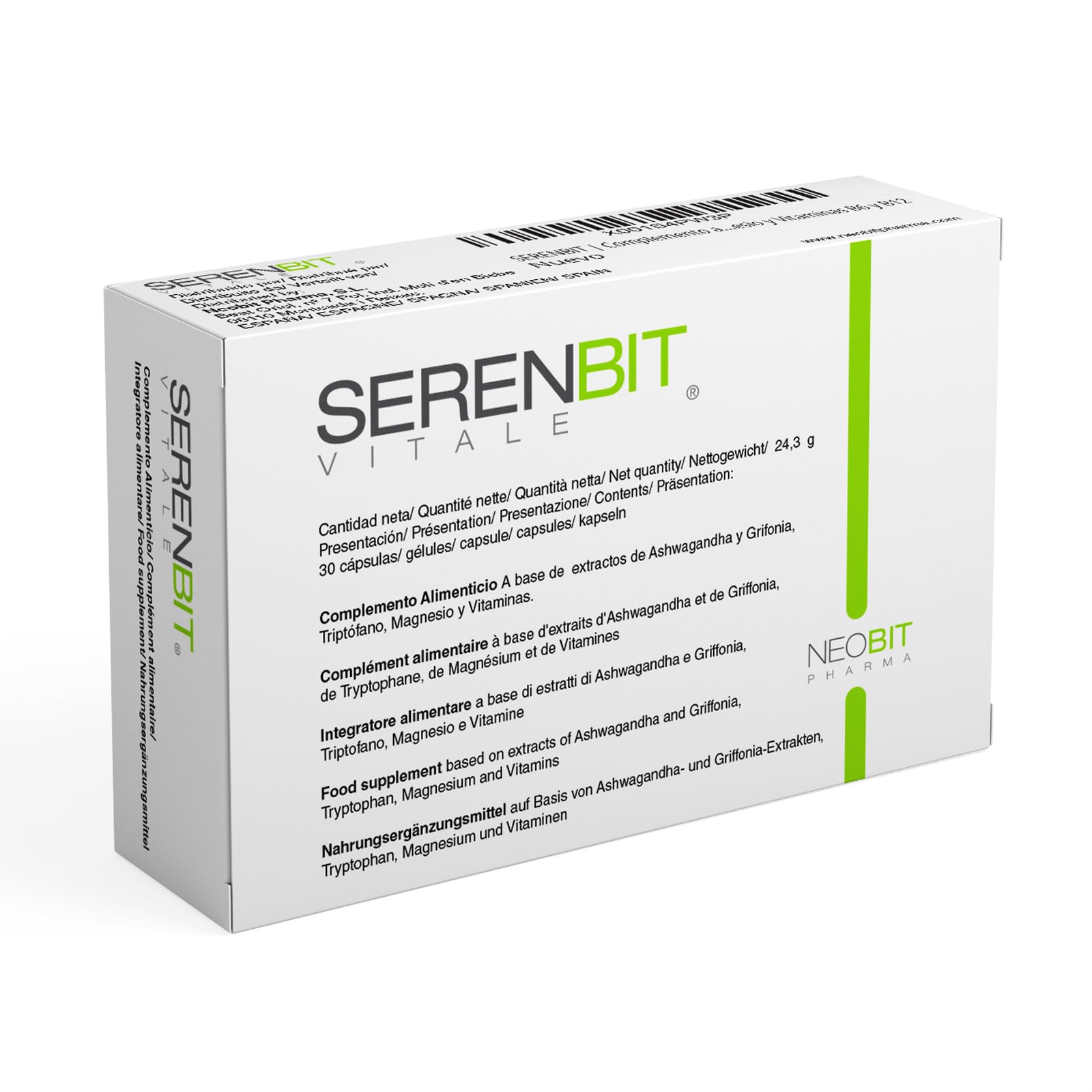 SERENBIT | Complemento alimenticio Para Reducir el Estres y La Ansiedad | Relajante | 30 Capsulas de ashwagandha capsulas, Triptofano con magnesio, extracto de Grifonia, Magnesio y Vitaminas B6 y B12