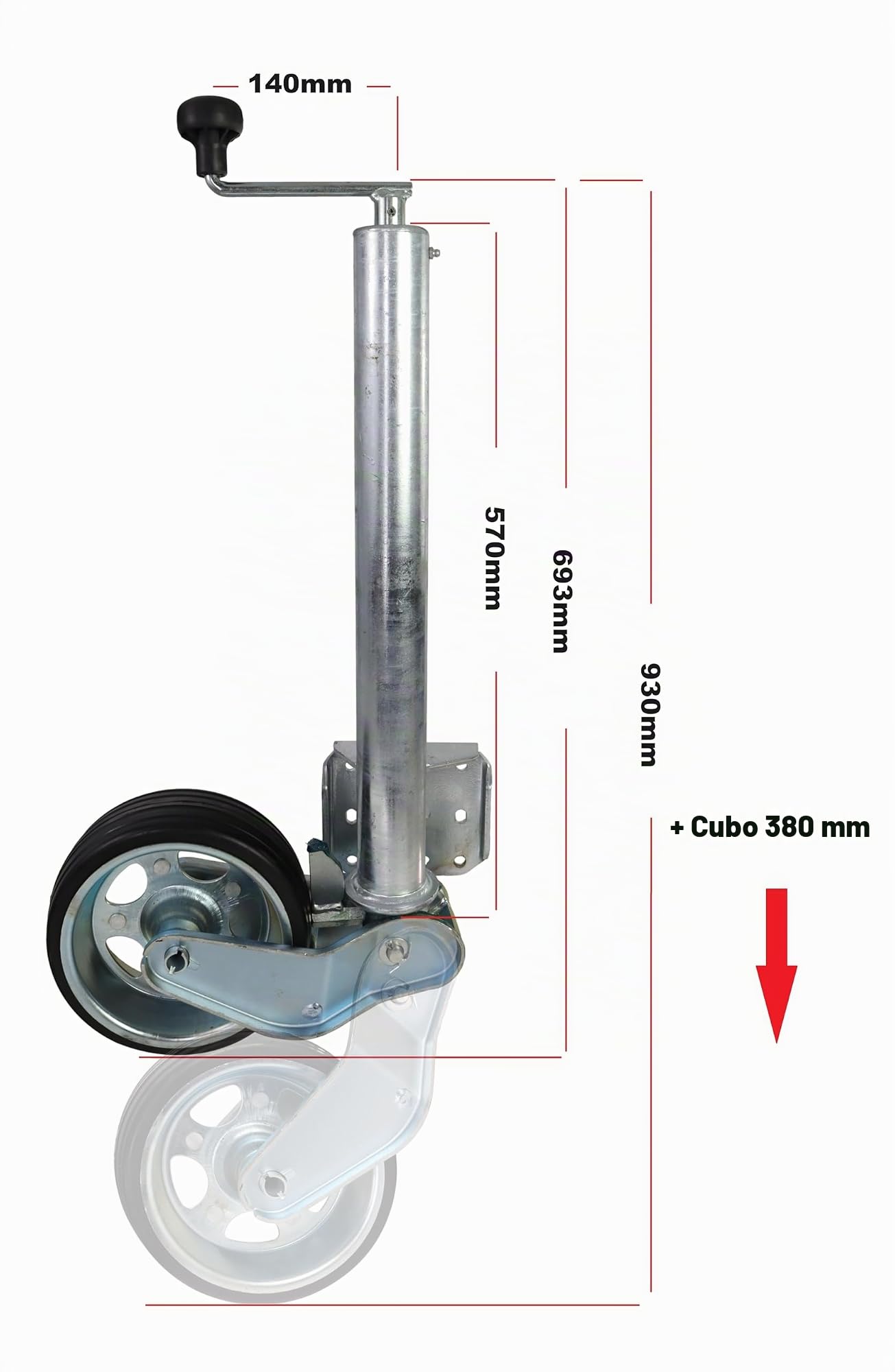 Rueda de apoyo automática de carga pesada 500kg Ø60mm extra larga para remolque de automóvil, engranaje de espolón 232x80mm para caravana, remolque de vivienda