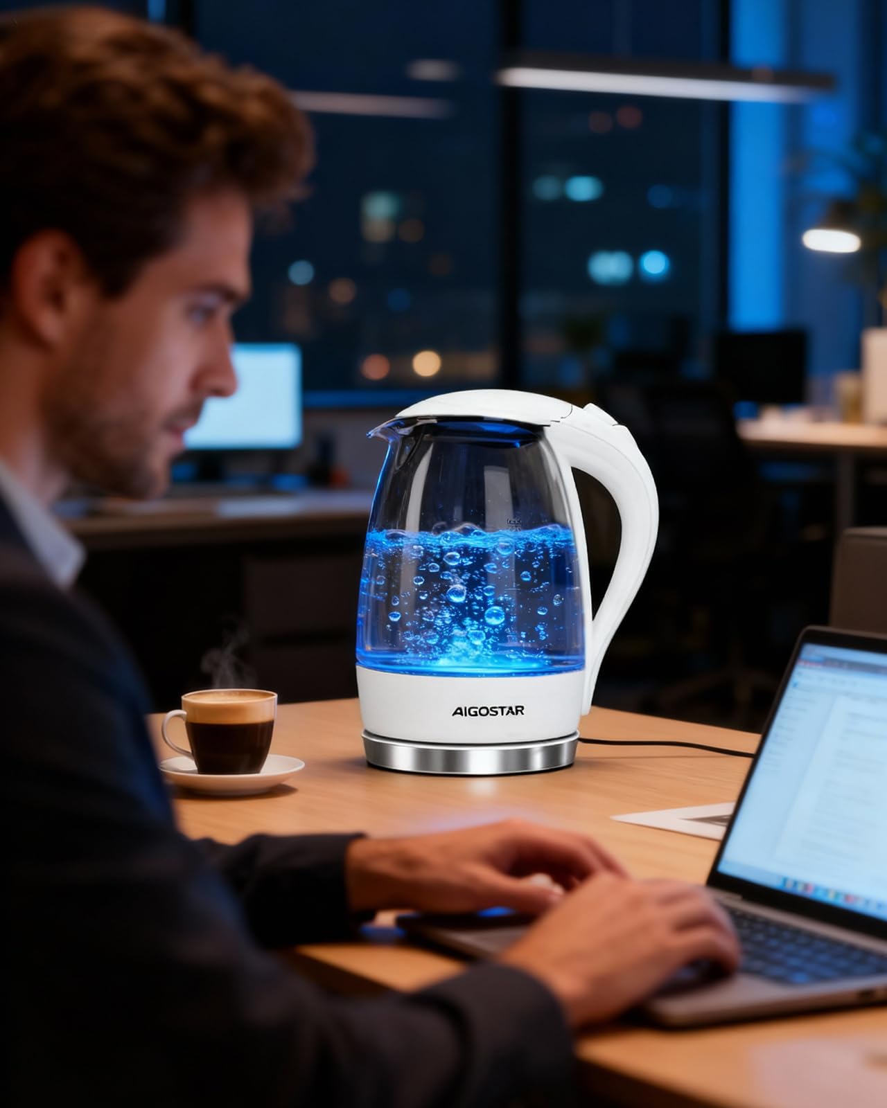 Aigostar Eve 30GON- Szklany czajnik z podświetleniem LED, 2200W, 1.7 L. Zabezpieczenie przed przegrzaniem, BPA Free, Biały ekskluzywny projekt