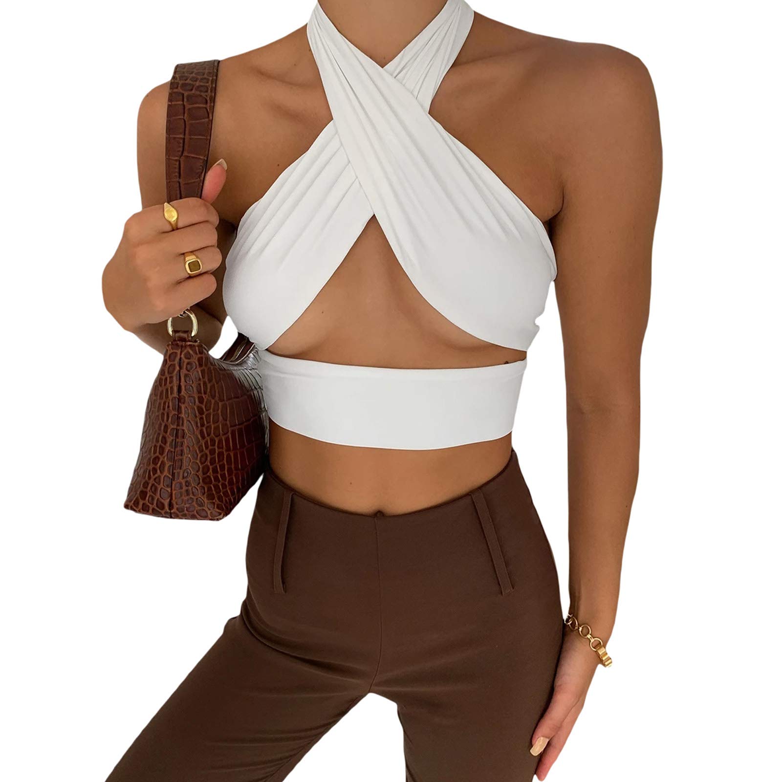 GuliriFei Las mujeres Sexy Crisscross Crop Top Cutout Halter Neck Lace Up sin mangas Strappy Tie Backless Tank Top Y2K Basic Tees Shirts