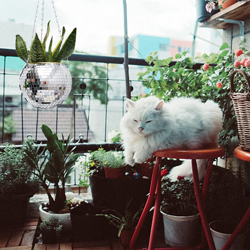 15cm Planteur de Boule de Disco,Pot de Fleurs Boule à Facettes avec Chaîne et Corde en Macramé, Boho Macramé Plante Cintre pour Intérieur Extérieur Maison Jardin Jardinière Décor