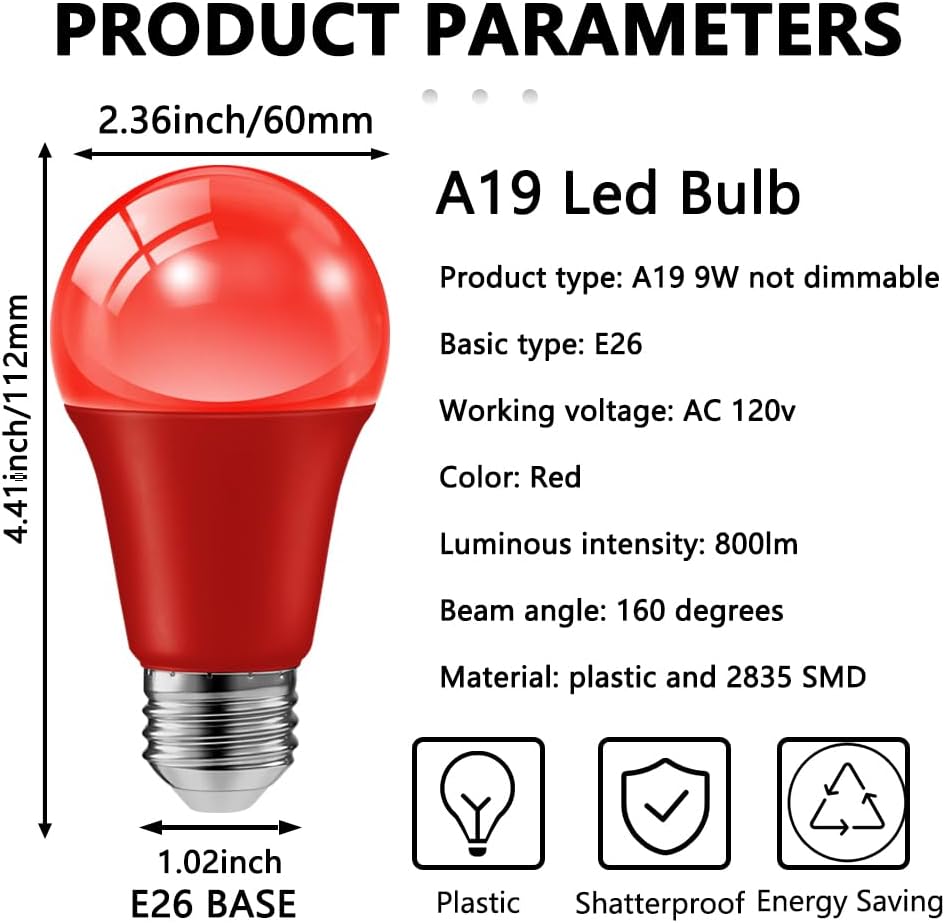 haraqi 8 Pack 9W (60W Equivalent) 120V E26 Base A19 LED Colored Light Bulb, Red LED Lights for Party Christmas Decor and Halloween Lighting