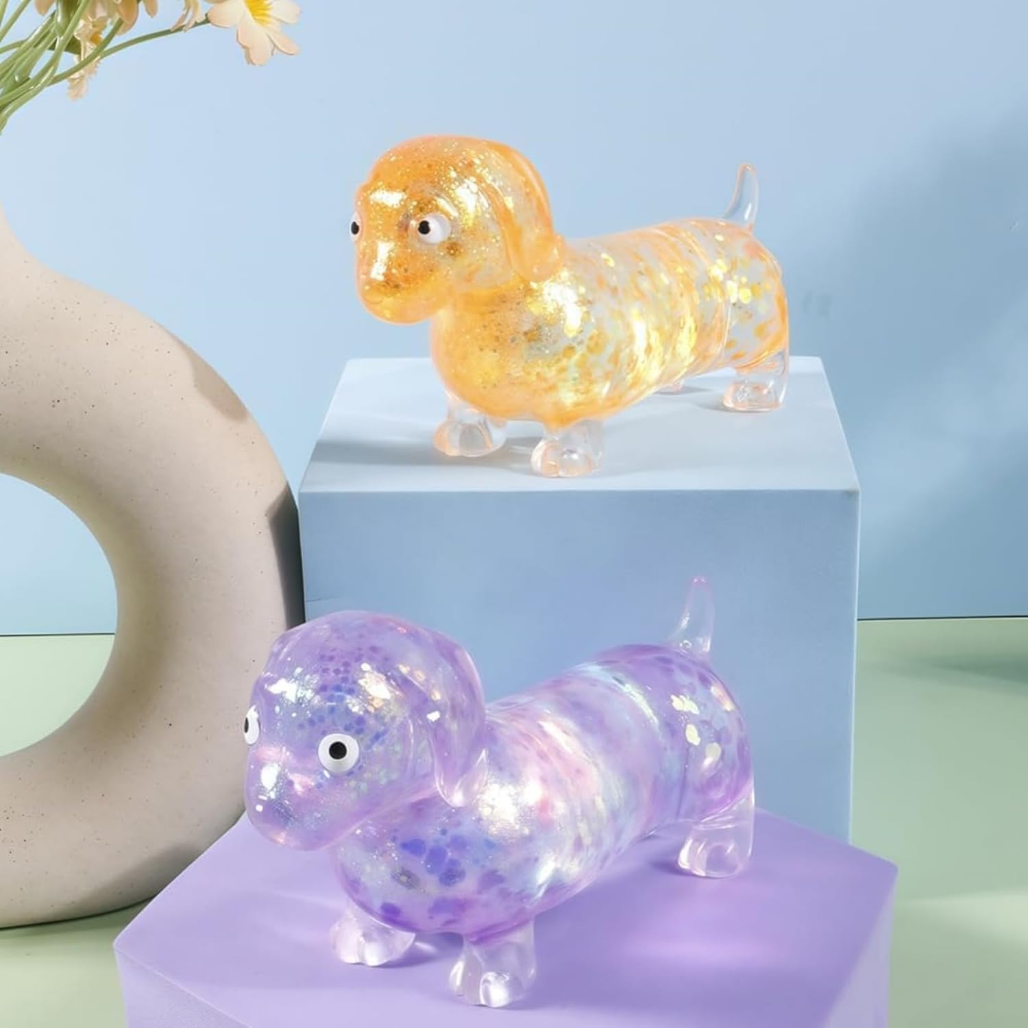 Weiners Dog Squishy, Dachshund Squishy, 4.3in Sparkly Cute Mini Rainbow Sausage Dogs with Face for Adults (Pink)