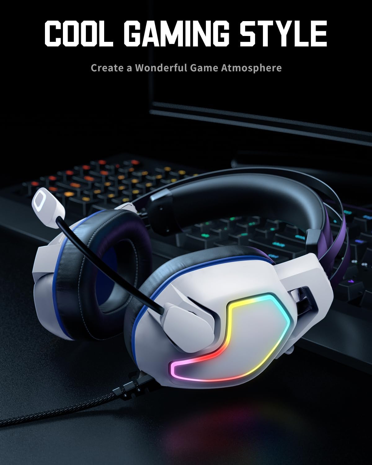 Gaming Headset with 3D Surround Microphone for PS4, PS5, Xbox, PC, Laptop, Switch, Headset with 3.5mm Jack, RGB LED