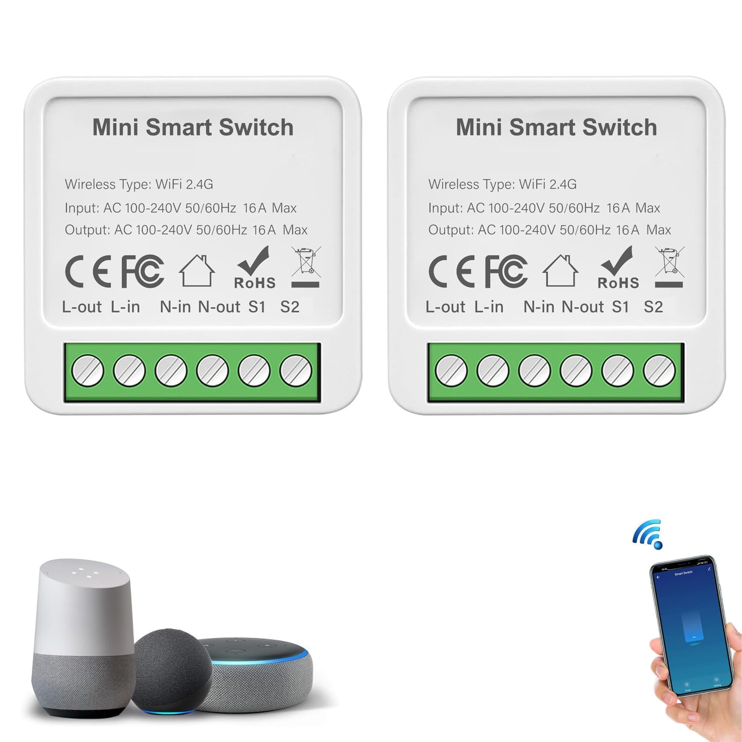 Redare Alexa wifi smart switch module,Mini Smart Relay Switch,16A Universal Breaker Timer Switch Works with Alexa/Google Home Assistant,Voice Control,Timer Function (Tuya 1 Gang, 2 pack)