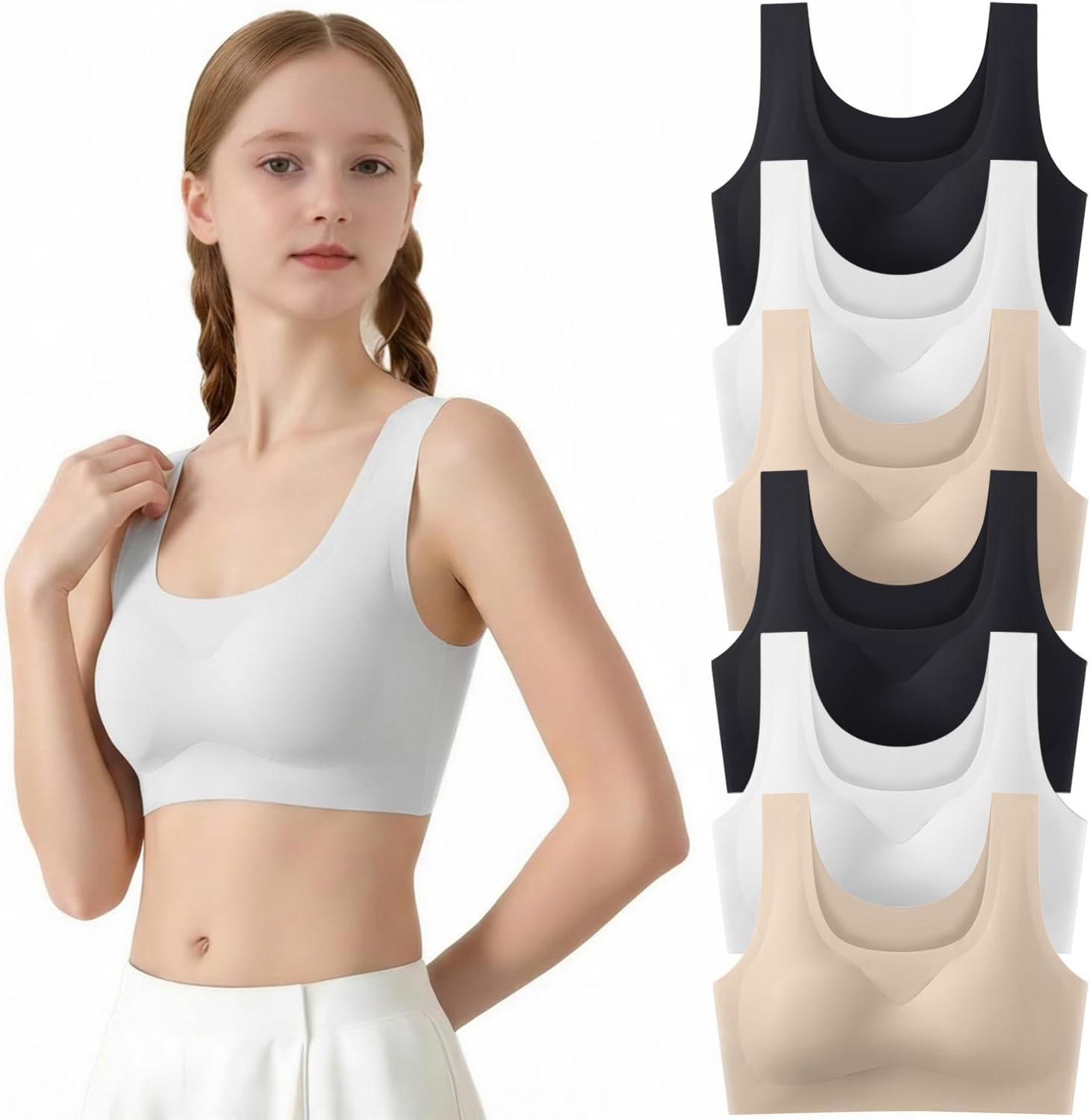 Teen Girls Seamless Sports Bra No Show Training Bra with Removable Padding Bras 6 Pack for Ages 12-18