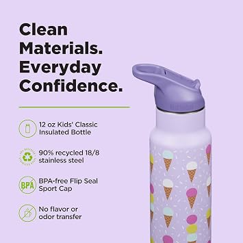 Klean Kanteen 12 oz Classic Kid's Insulated Water Bottle with Flip Seal Sport Cap - 100% Leakproof Cap - BPA-Free - Stainless Steel Material - Ice Cream