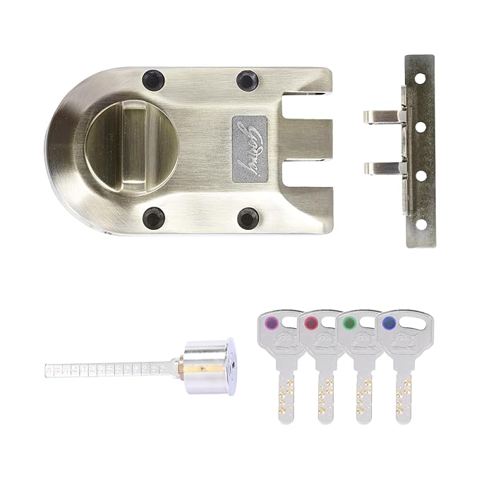 Godrej Rim Lock | Vertibolt Ultra XL+ Lock for Wooden Main Door | 1CK Deadbolt | 14 Pin Cylinder | for Inside Opening/Double Door/Sliding Door | 4 Keys | 5Yr Warranty |Manual Locking |Antique Brass