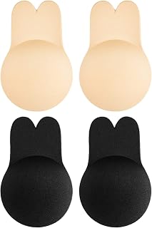 2 Pairs Invisible Adhesive Bra,Backless Sticky Bra,Breast Lift Tape Strapless Rabbit Nipple Covers(Beige + Black)