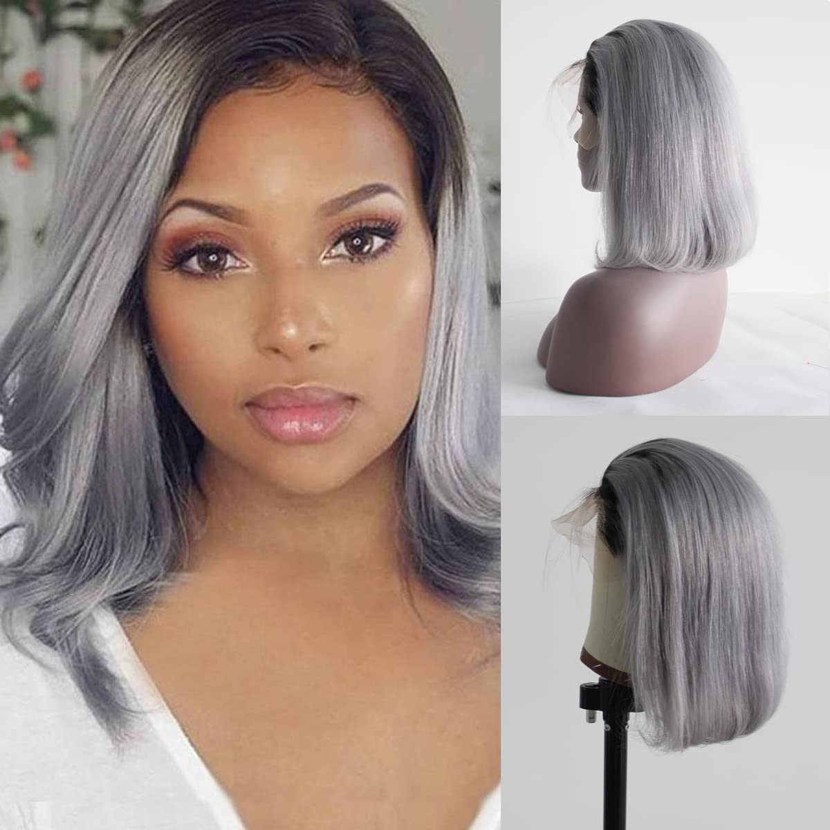 Pre-plucked 1B/Grey Bob Lace Front Wigs Straight Glueless 130% Density Short Cut Brazilian Virgin Human Hair With Baby Hair Full And Thick Free Part 12 Inch